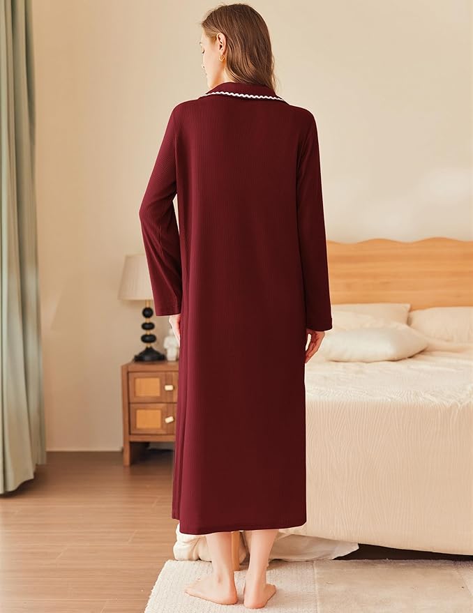 Ekouaer Zipper Robes for Women Long Waffle Knit Bathrobe Lightweight Long Sleeves Robe Soft Sleepwear with Pockets S-XXL