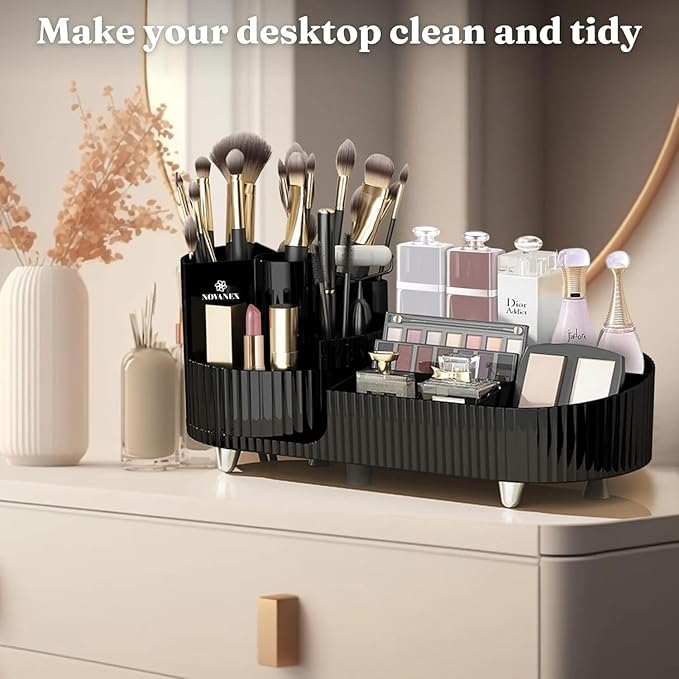 Rotating Cosmetic Organizer, Plastic Countertop Makeup Organizer with Makeup Brush Holder, Large Capacity Cosmetic Display Case, Countertop Makeup & Perfume Organizer with 9 Partitions (Black)