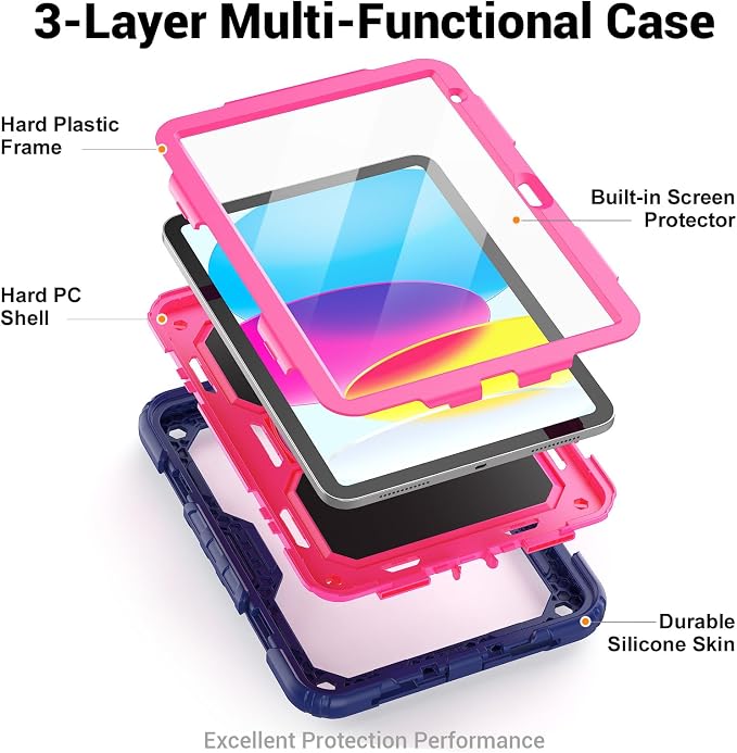 Case for iPad (A16) 11th/10th Generation 11''/10.9'' 2025/2022: Shockproof Protective Case with Hand/Shoulder Strap Pencil Holder Rotate Stand Screen Protector Black