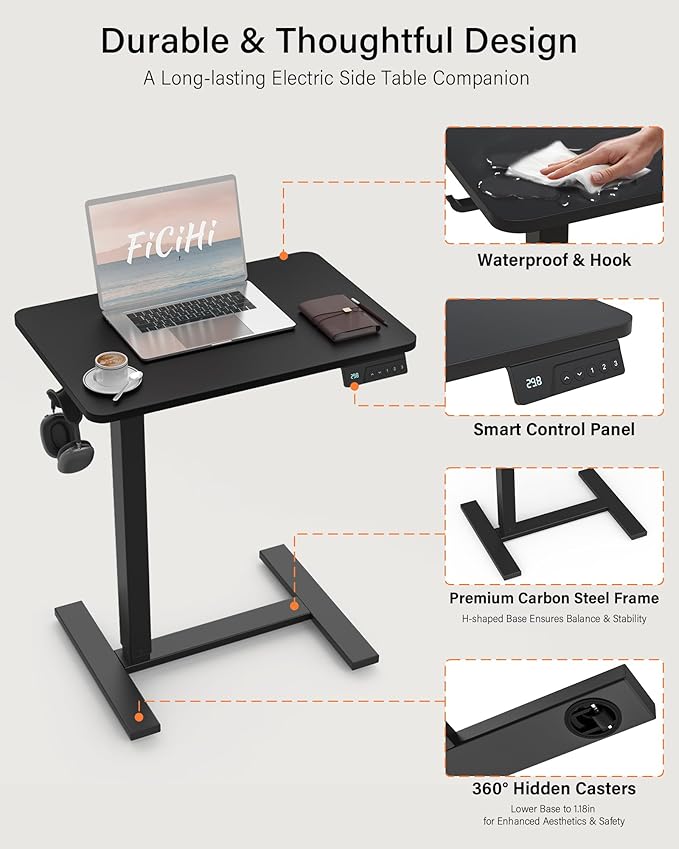 FiCiHi Small Electric Standing Desk - Adjustable Height Bedside Laptop Table with Wheels, Mobile, Rolling Computer Sit Stand Desks, Movable, Home Office, Sofa, Couch Use (24x16,Black)