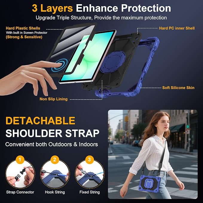 Case for Samsung Galaxy Tab A9 Plus 11 Inch 2023 Ubearkk Rugged Case for Samsung Galaxy A9+ Tablet SM-X210/X216/X218 with Screen Protector 360 Rotating Stand Shoulder Strap Pen Holder Black