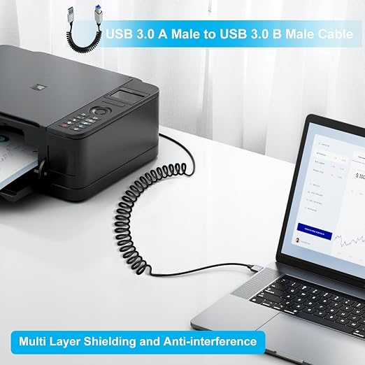 Coiled USB A to B Printer Cable Coiled USB 3.0 Printer Cable Super Speed 5Gbps for Scanner External Hard Drives Multifunction Printers (Type A 1 m)
