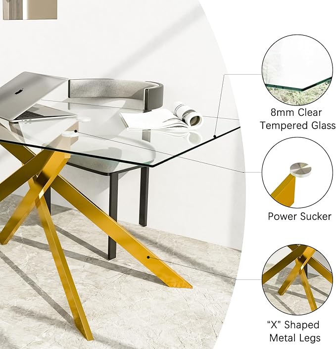 51.18" Glass Dining Table for 4-6, Dining Room Table with Clear Tempered Glass and Gold Metal Legs, Modern Rectangular Kitchen and Dining Room Dinner Table for Kitchen