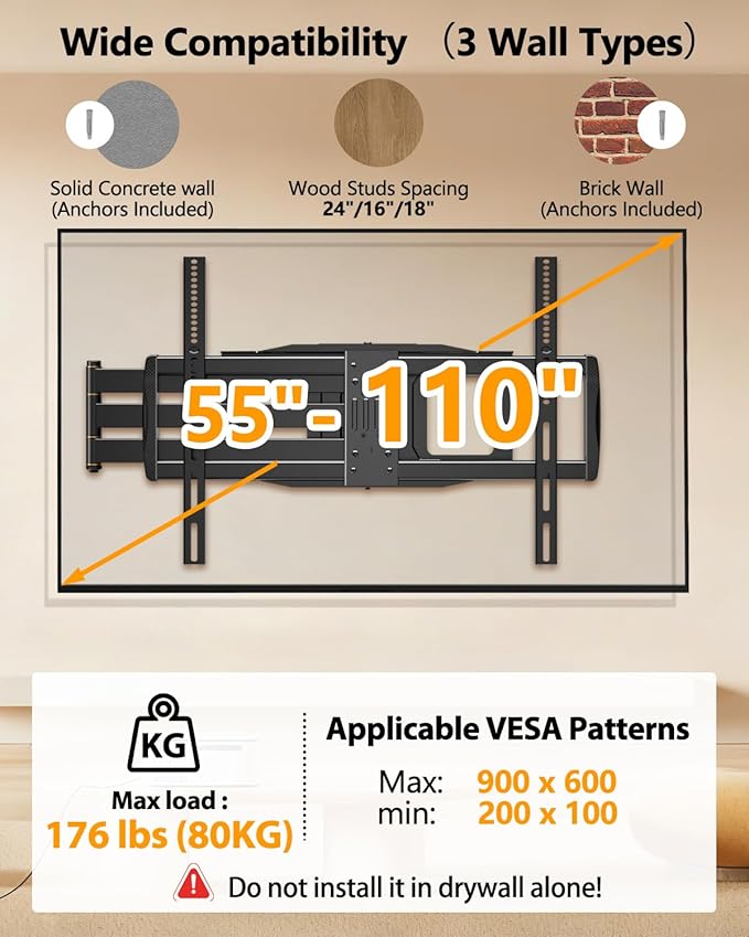 FORGING MOUNT 43–110 inch Long Arm Full Motion TV Wall Mount Holds 176 lbs, VESA 900x600mm, 42.8″ Long Extension for Screen Centered on Living Room,Heavy Duty TV Mount, Tilt, Fits 12″/16″/24″ Studs,