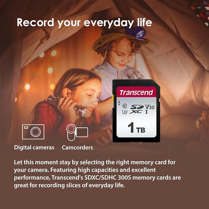 Transcend SDC300S 128GB SDXC Memory Card, Up to 100MB/s, UHS-I U1 V10, Full HD, Class 10 High-Speed SD Card for Canon, Nikon, Sony, Pentax, Kodak, Olympus, Panasonic Digital Cameras
