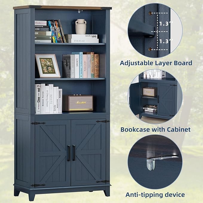 70in Tall Bookshelf 5 Tier Bookcase with Barn Doors and Adjustable Shelves, Blue Farmhouse Book Shelf with Storage Cabinet, Wood Freestanding Display Bookshelves for Bedroom, Kitchen (2PCS)