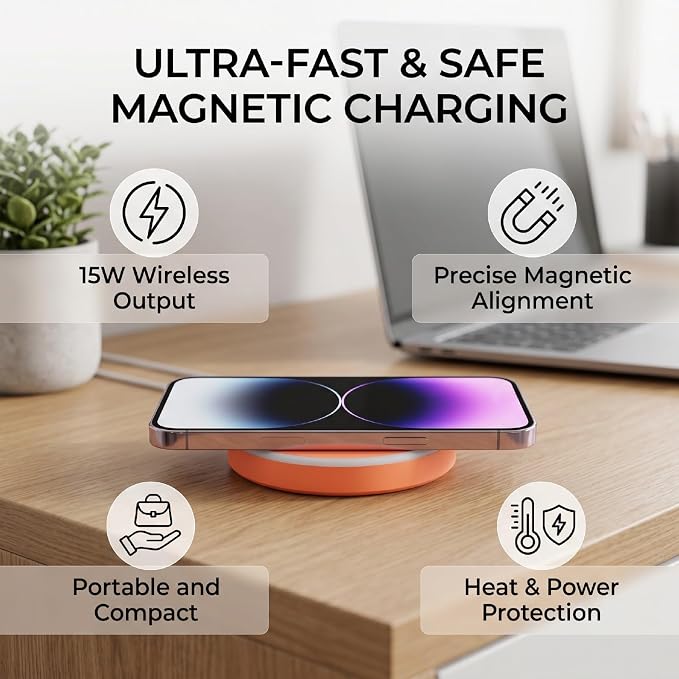Magnetic Wireless Charging Pad 15W Fast Charging with Overcurrent Overheat Protection and Built in Magnet for iOS 16 17 Phone Wireless Device (Black)