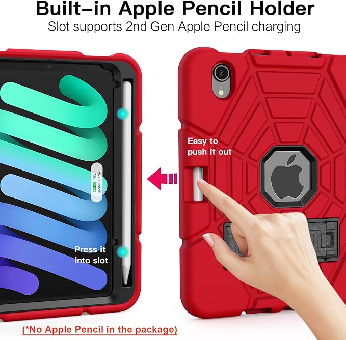 Grifobes Case for iPad mini 7th 2024 (A17 Pro) / Mini 6th Generation 2021 8.3 Heavy Duty Shockproof Cover with Pencil Holder Stand for i Pad Mini 7/6 Gen 8.3 inch Case (Black+Red+Red)