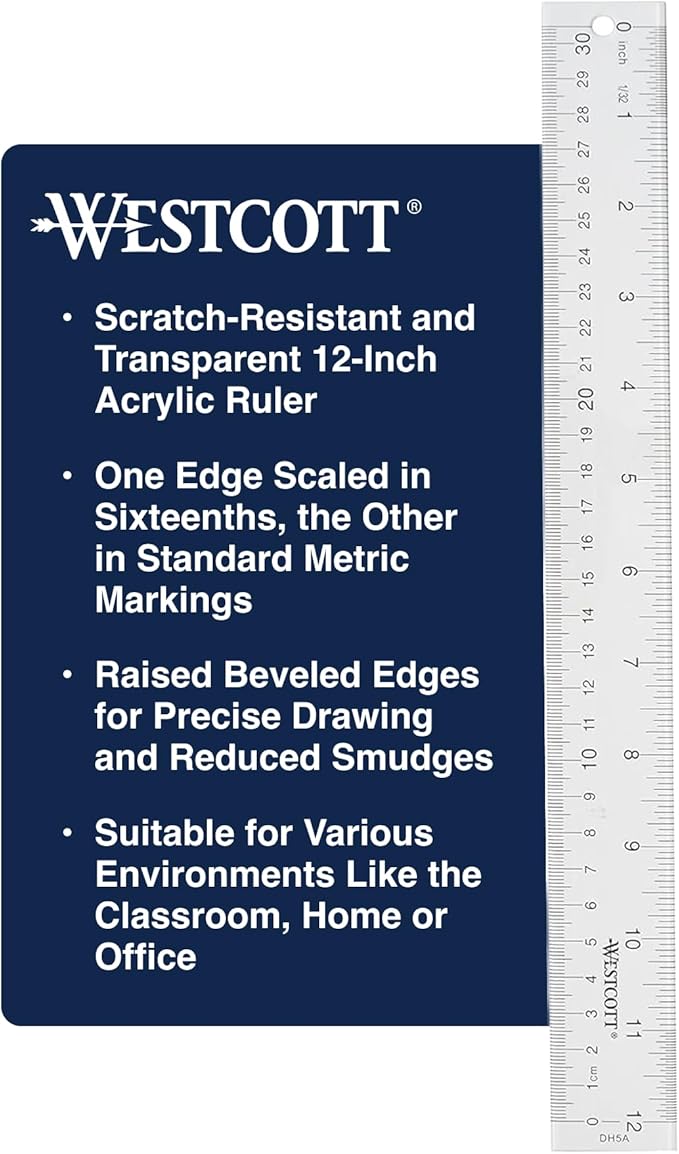 Westcott Acrylic Clear Ruler, Easy-to-Read Markings, Scratch-Resistant Design, Raised Beveled Edges, for Crafting, Office, Classroom, Back to School, School Supplies, 12-Inch