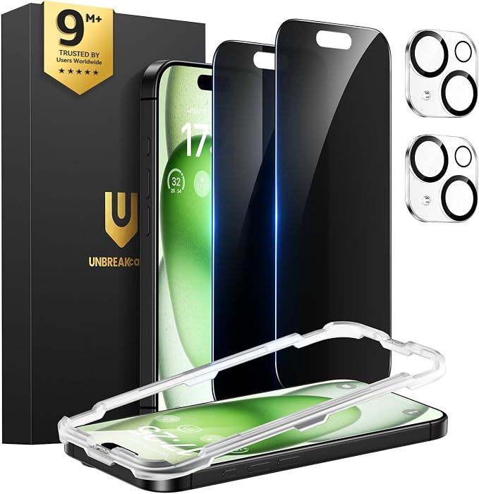 UNBREAKcable iPhone 15 Privacy Screen Protector 2-Pack Upgraded Dual-Tempered Glass + 2 Camera Lens Protectors 25° Anti-Spy Military-Grade 9H+ HD Clear Anti-Fingerprint 6.1 Inch