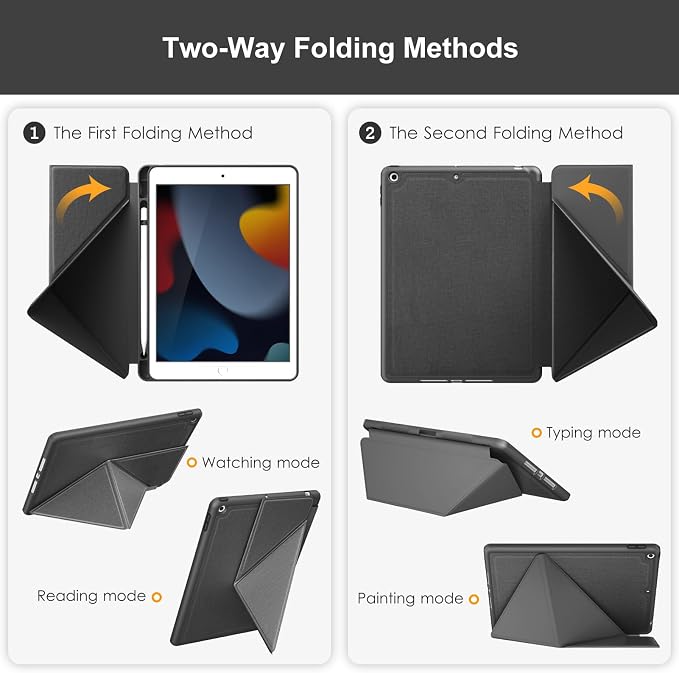 DTTO Foldable Case for for iPad 9th/8th/7th Generation 10.2-inch Black | Origami Magnetic Standing Cover with Pencil Holder，Vertical &amp Horizontal angles Auto Sleep/Wake