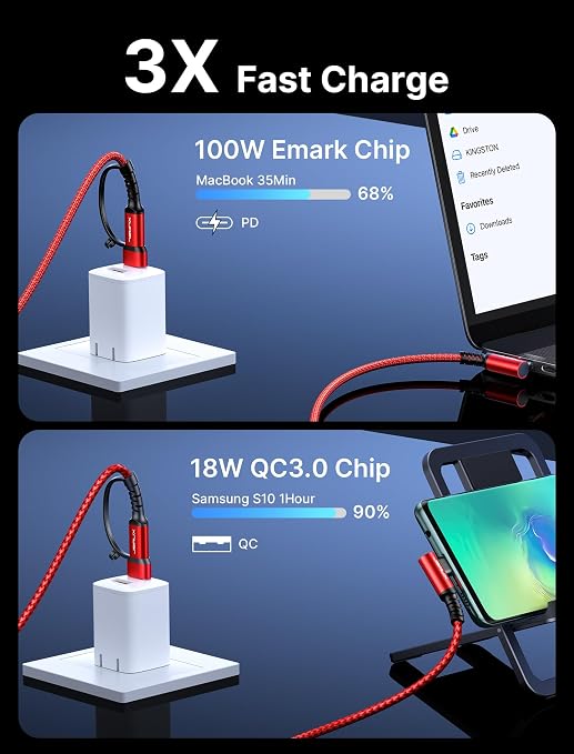 JSAUX 3-in-1 USB-C Cable 2-Pack 10FT 100W Right-Angle Fast Charging Blue | Right-Angle Braided Cables with USB-A Adapter 2 x 10 ft for iPhone 17/16/15 Galaxy S26/S25/S24 iPad MacBook Steam Dec