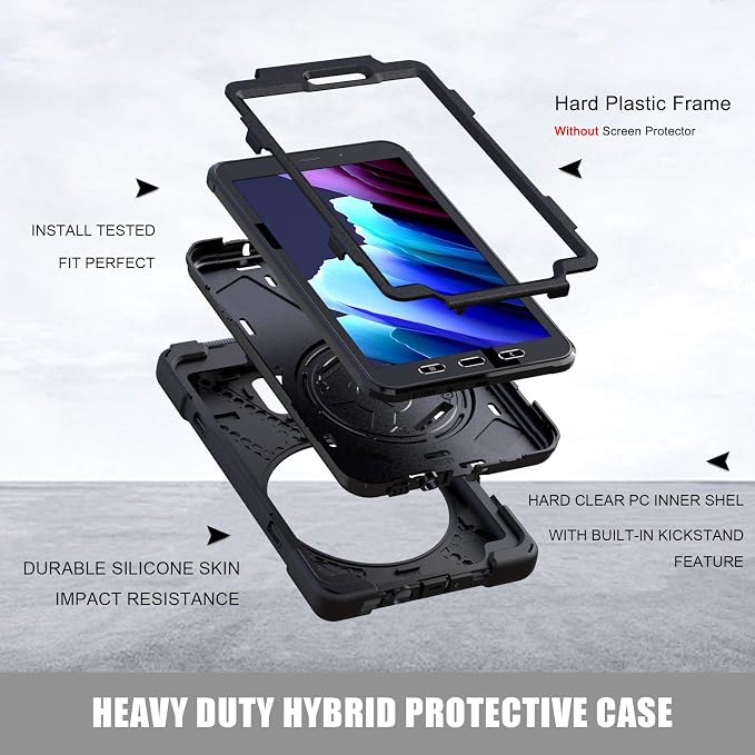 Samsung Galaxy Tab Active3/Active5 8.0 Case with 360 Stand Handle Hand Strap &amp Shoulder Strap for Samsung Galaxy Tab Active5 8 2024 Active3 8 2020 SM-X300/X307/T570/T577 (Black)