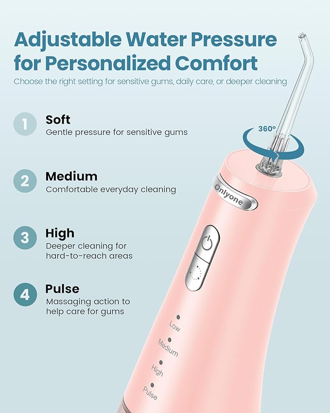 Onlyone Water Dental Flosser Pick for Teeth, 300ML Portable Oral Irrigator, Rechargeable Travel Irrigation Cleaner, Professional Electric Flossing Machine Birthday Gifts for Women,Mom,Girlfriend Pink