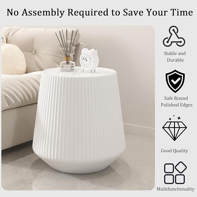 White Round Coffee Table with Sintered Stone Tabletop, 17.71" Drum Coffee Table with Fluted PU Leather Covered and Stable Base, Circle Cocktail Tea Table for Living Room
