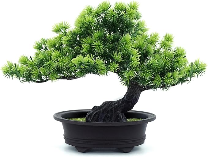 Artificial Bonsai Tree - Fake Plants for Home Decor, Bookshelf Coffee Table Office Desk Bathroom Farmhouse Indoor Decor, 9.5" Tall, Green