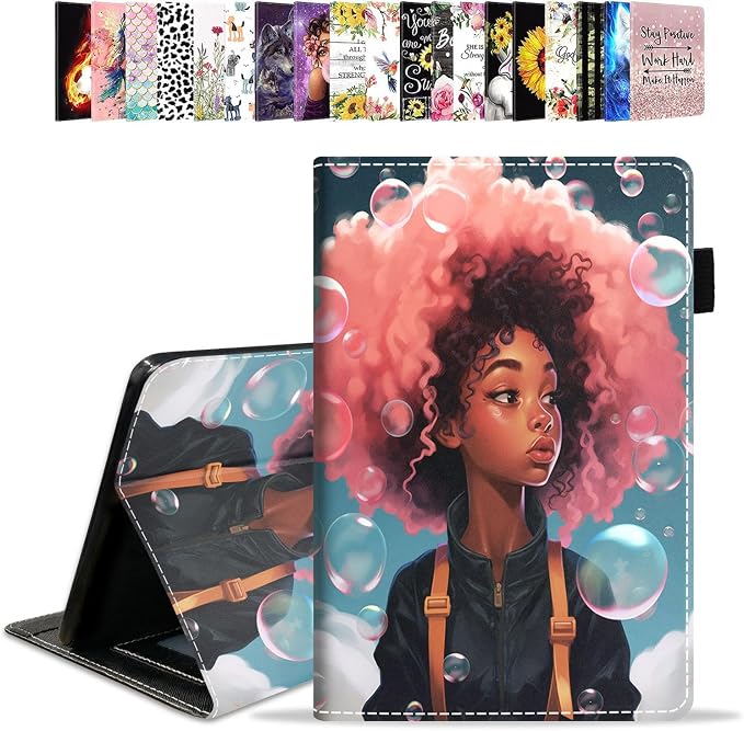 Case for Amazon Kindle Fire HD 10 Tablet 10.1 (9th/7th Generation 2019/2017 Release) - PU Leather Folio Case with Smart Auto Wake/Sleep African American Girl