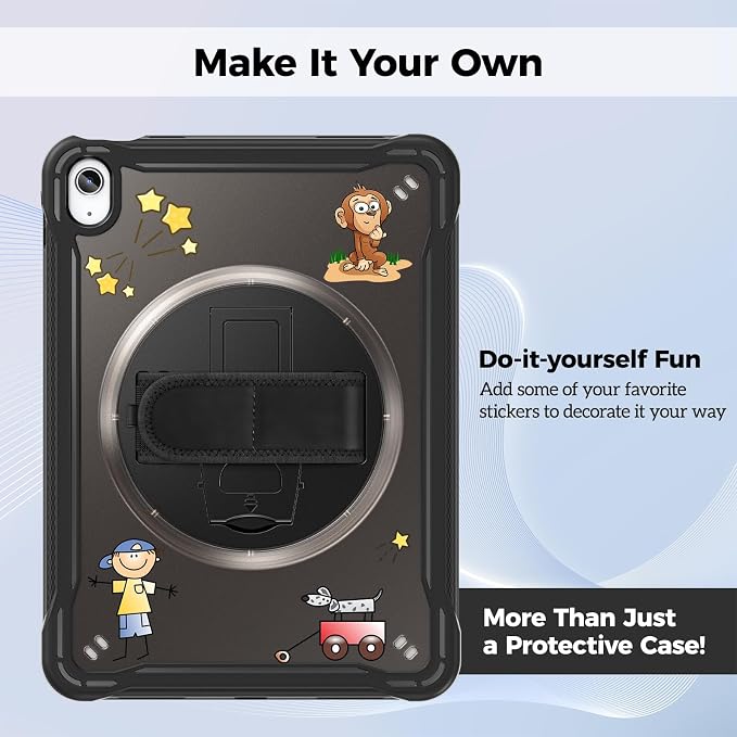 ProCase Rugged Case for iPad A16 11th Gen 2025/iPad 10th Gen 2022 -Black | Heavy Duty Shockproof Rugged Kids Cover with Hand Strap 360 Degree Rotatable Kickstand Protective for iPad 11/10