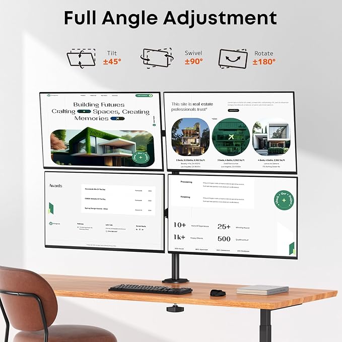 PUTORSEN Quad Monitor Stand, 4 Monitor Desk Mount for 17 to 32 Inch Screens, Heavy Duty Fully Adjustable Desk Arm with 31.7" Height, VESA 75/100 mm, fits C-Clamp & Grommet Base