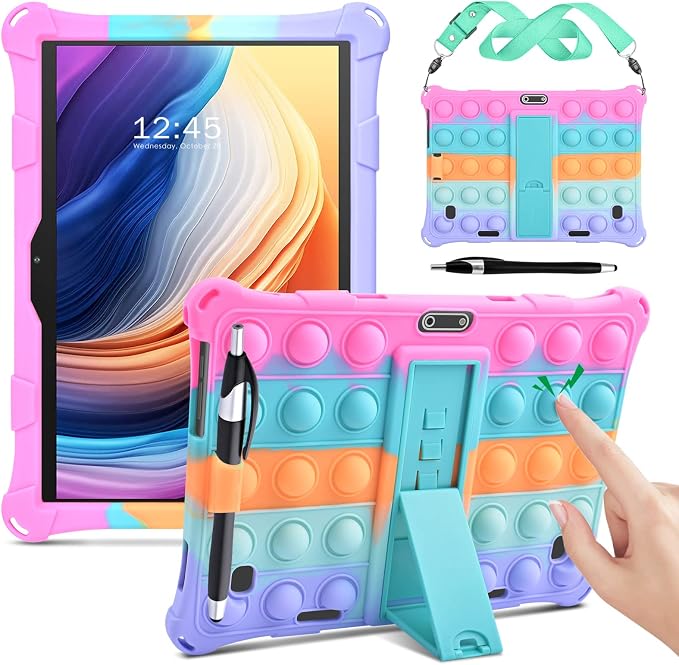 DETUOSI Silicone Case for 10.1 inch Tablet Multi-Angle Case Black | with Shoulder Strap and Stylus Pen Adjustable Stand Built-in Pen Holder Funny Protective Cover for 10.1 inch Tablet