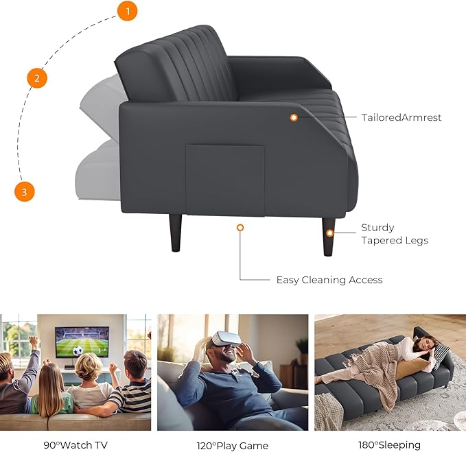 Fadware Faux Leather Couch, Convertible Futon Sofa Bed with Adjustable Backrest, Mid Century Leather Sofa Loveseat with Side Pockets& Metal Leg, Modern Leather Sleeper Sofa for Living Room Bedroom
