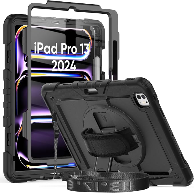 iPad Pro 11 Inch Case 2024 with Screen Protector Pen Holder | iPad Pro 11 5th Generation Case | Three Layer Shockproof Defender Protective Cover W/Stand Hand Strap for iPad A2836/A2837 | Black