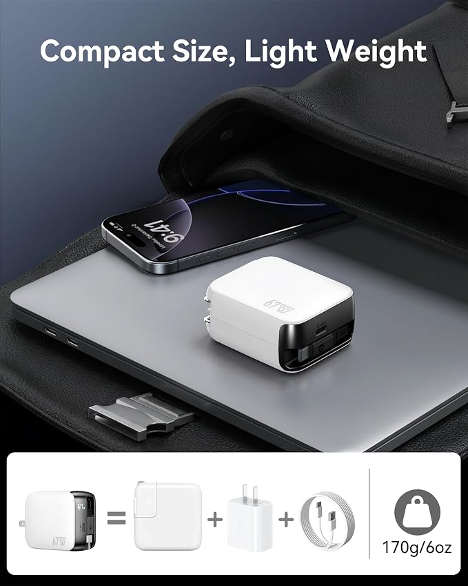 Retractable USB C Charger 67W 2-Port Fast Charger with Retractable Cables and Foldable Plug