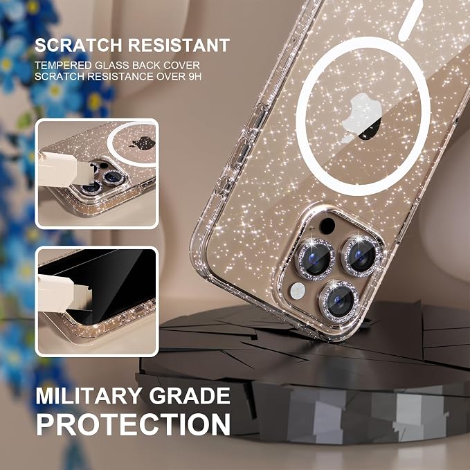 Choiche for iPhone 15 Pro Max Case Compatible with MagSafe Glitter Black | Women Girly Cute Glitter Sparkly Magnetic Phone Case with Diamond Camera Lens Protectors Military-Grade Drop Protection 6.7