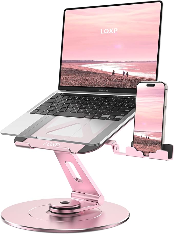 Ultra-Stable Aluminumy Laptop Stand for Desk with Foldable Phone Holder, Stylish Computer Stand for Women, Men Office, Fits Laptops, Pink