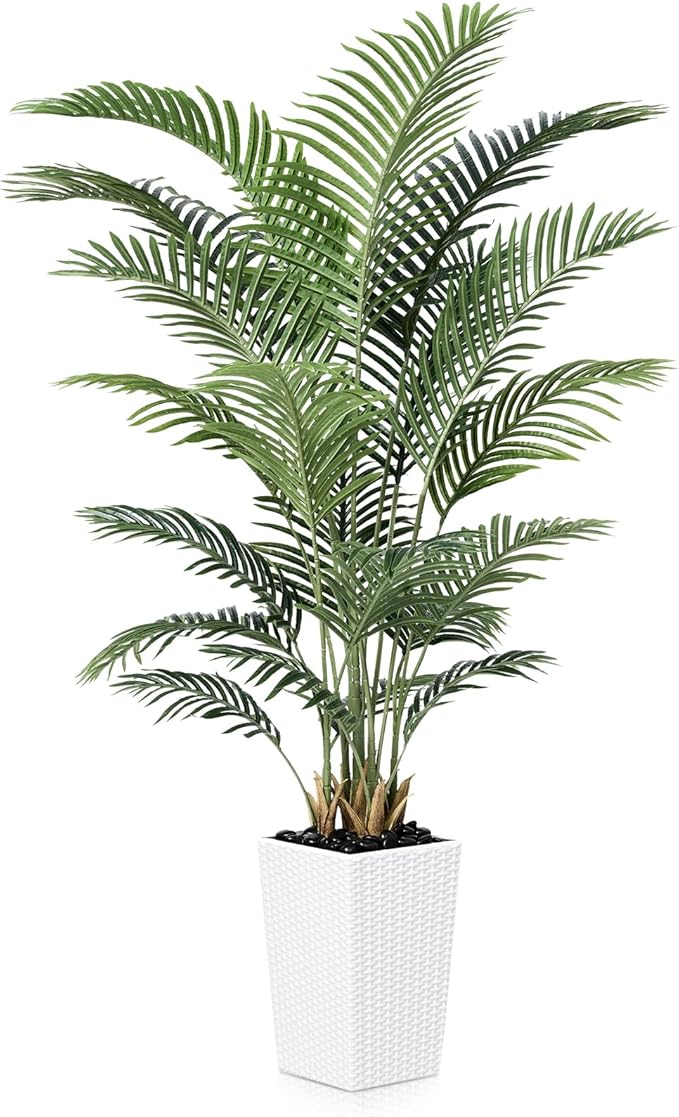 6FT Artificial Palm Tree - Tall Fake Tree with White Taper Planter & Pebbles, UV Resistant for Indoor & Outdoor Decor - Large Potted Faux Plant for Living Room, Office, Home Decor,VN130