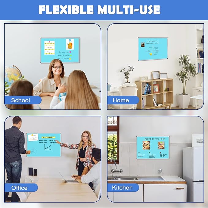 WALGLASS Magnetic Whiteboard 36"x24" Dry Erase White Board for Walls with Pen Tray, Aluminium Frame and Dry-Wipe Writing Surface for Kids' Drawing, Home, and Office (Blue)