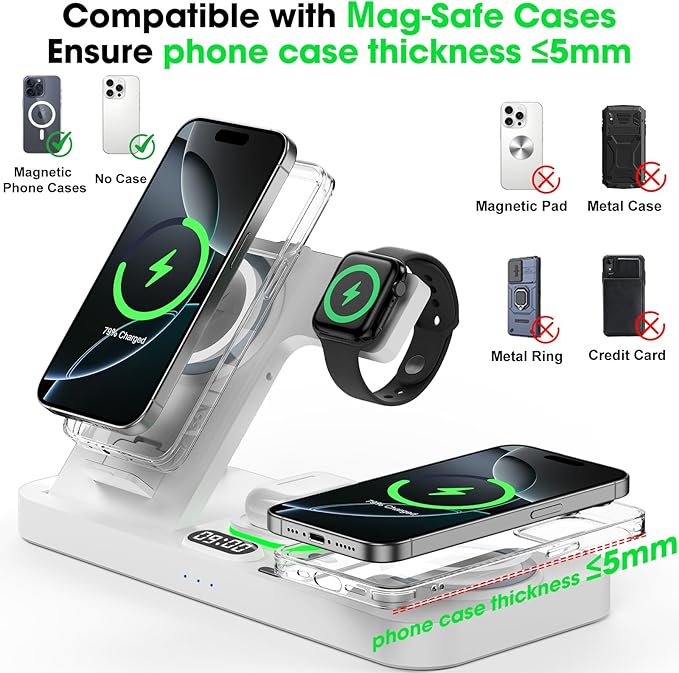 Dual Phone Wireless Charging Station for Apple Devices, Magnetic Charging Station for iPhone with Auto Switch 7-Color Light&Clock, Family Watch Charger for iPhone17 for iWatch11 for AirPods Pro3(Cream