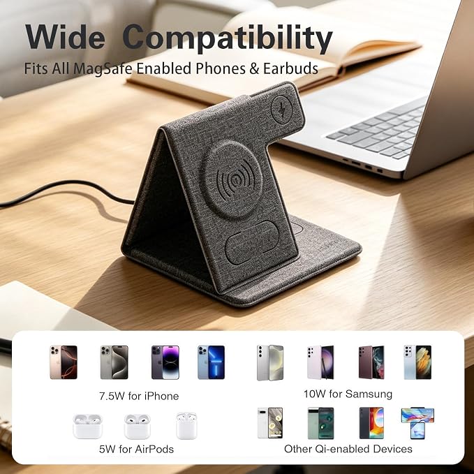 3 in 1 Wireless Charging Station Foldable Wireless Charger Stand for iPhone 15/14/13/12 Apple Watch Series 9/8/7/6/5/4/3/SE AirPods Pro 2/3 Fabric Portable Travel Charger Dock (Black)