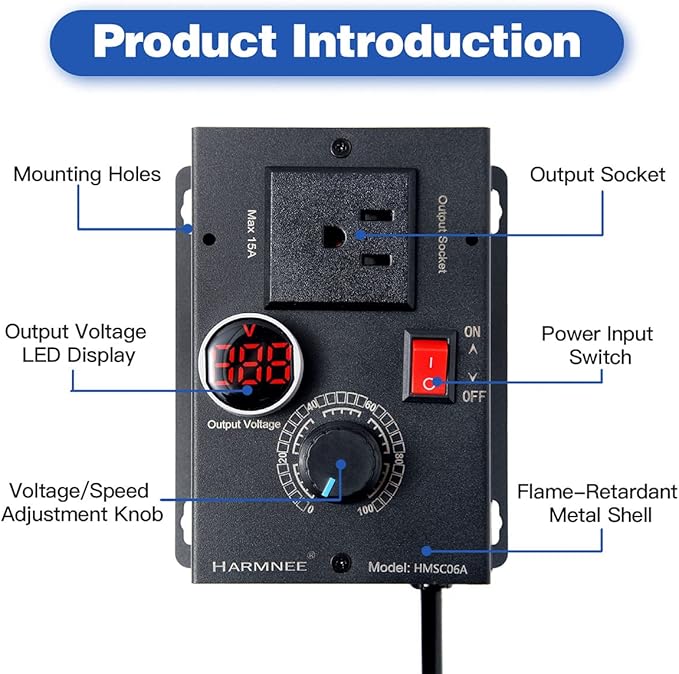 HARMNEE AC Motor Speed Controller 110-120V / 10A Rated / 15A Max, Fan Speed Control AC Electronic Voltage Regulator with Black-Coated Matt Metal Shell & Voltage LED Display Screen