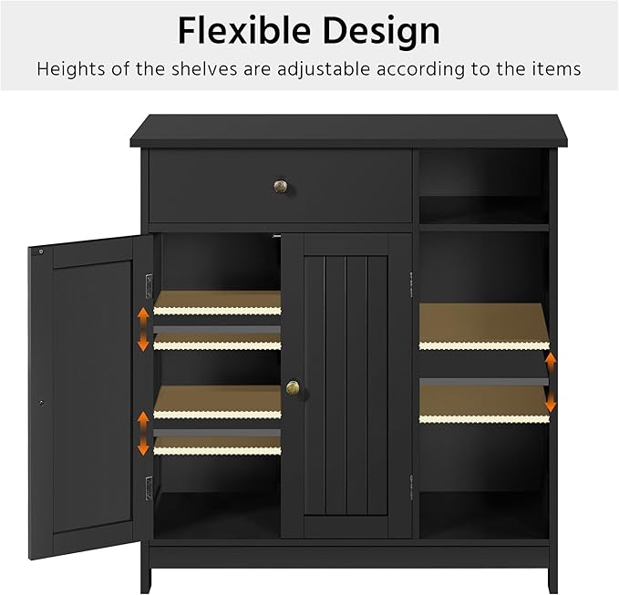 Yaheetech Bathroom Storage Cabinet, Bathroom Floor Cabinet with 2 Doors and 1 Drawer, Storage Units with 3 Open Compartments and Adjustable Shelves for Living Room, Entryway, Black