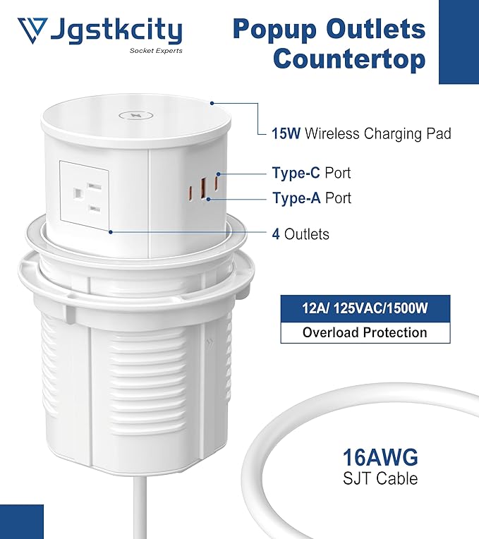 Pop up Outlet for Countertop with Wireless Charger,45W USB C Port, 4.7'' Diameter Round Pop Up Counter Outlet with AC Outlets,USB Ports,Hidden Outlet,Pop Out Outlet