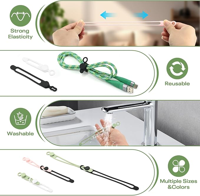 CozyNestMo Silicone Cable Ties Reusable, Elastic Wire Organizer Ties, for Charging Cables, Electrical Cords, Computer Wires, USB Data Cable Management, Cord Organizer (6 Colors, 3 Sizes)