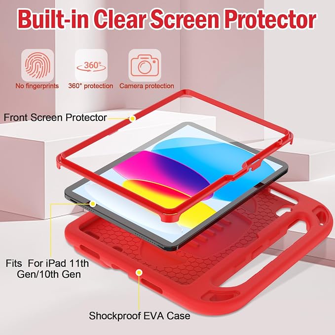 TIRIN Kids Case for iPad A16 11th Generation 2025/iPad 10th Generation 2022 with Built-in Screen Protector Shockproof Handle Stand iPad Case for Kids Black