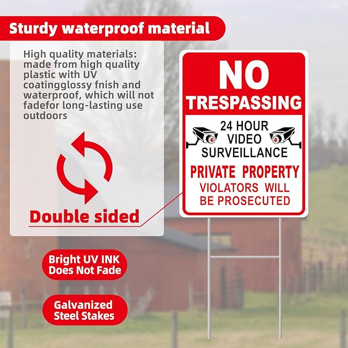 GXGGUS NO Trespassing Signs Private Property Video Surveillance Sign, Large 2-Pack 13"x10" Double-Sided Signs, H-Stake Metal Stakes, Outdoor Yard Sign for Home and Front Door Land, and Garden, Lawn