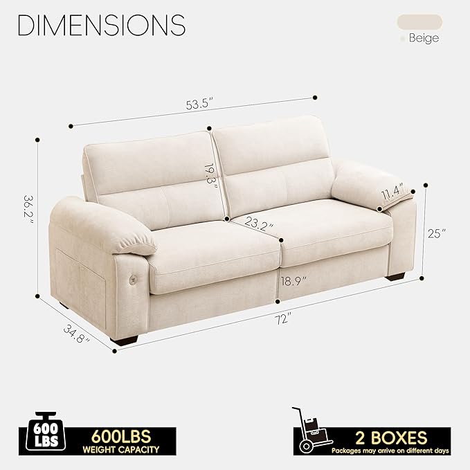 Ihanherry 72" Modern Sofa for Living Room, Deep Seat Chenille Loveseat with Fast Charging Port & Removable Washable Cushions, Pillow-Armrest Couch for Small Space/Apartment, Sturdy Frame, Beige