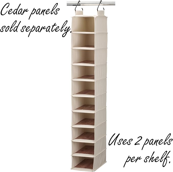 Household Essentials Hanging Shoe Organizer, 10 Wide Cubbies with Cedarline Pockets, Heavy-Duty Cotton Canvas, Removable and Industrial Hooks, Natural