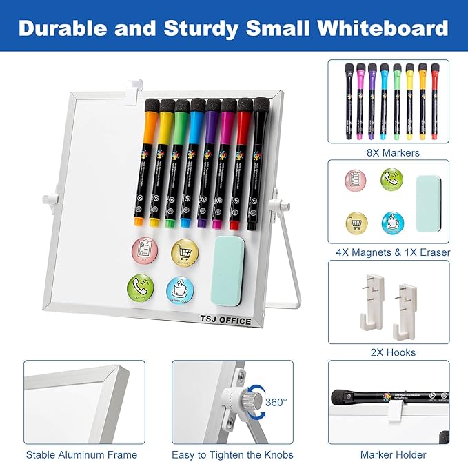 TSJ OFFICE Small White Board - 10 X 10 Inches Small Magnetic Dry Erase Board with Hooks for Wall, Desktop Whiteboard Stand 360 Degrees Revolving Double Sided for Office, Home, School, Silver