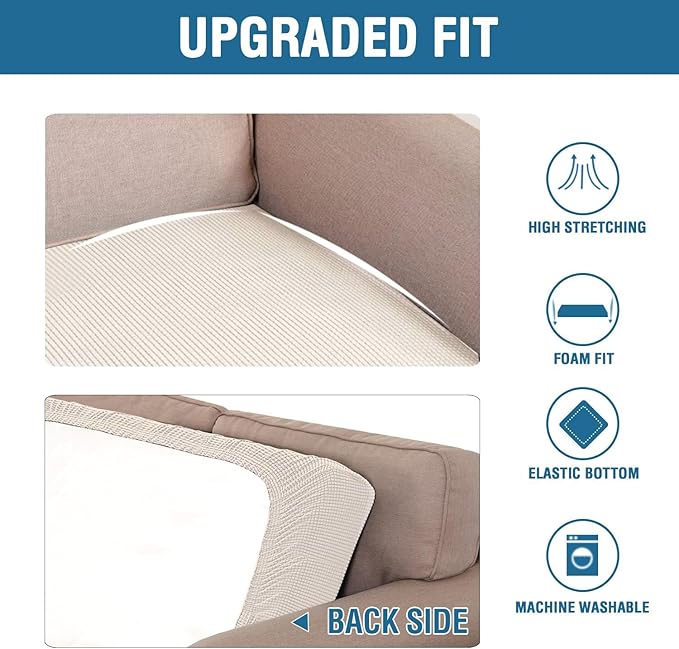 H.VERSAILTEX Super Stretch Individual Seat Cushion Cover Sofa Covers Couch Cushion Covers Slipcover Sets Thick Jacquard Textured Twill Fabric (3 Piece Sofa Cushion Covers, Ivory)