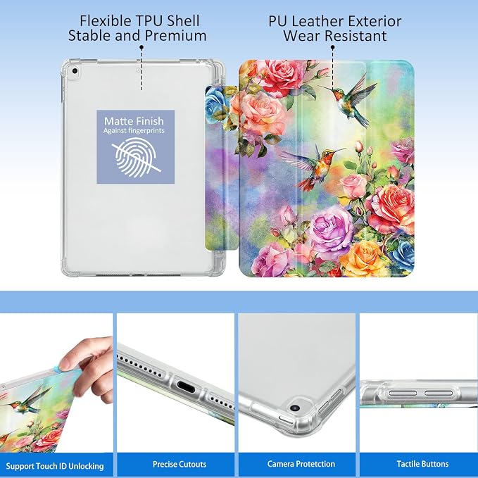 Lokigo for iPad 9th/ 8th/ 7th Generation Case 10.2 Inch (2021/2020/2019 Release) iPad Air 10.5 (3rd Generation) 2019 /Pro 10.5 2017 Case with Translucent Hard Shell Back -Flowers