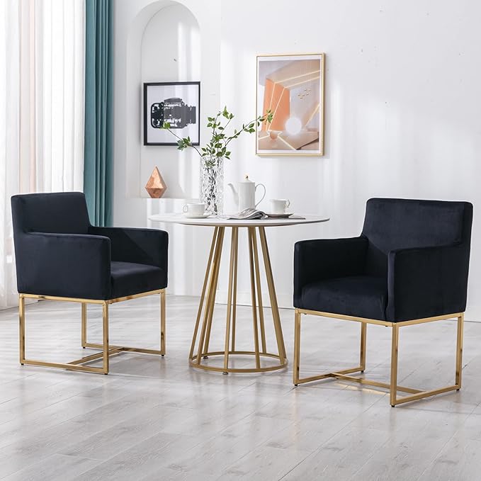 Set of 2 Upholstered Velvet Dining Chairs with Armrest, Mid Century Modern Accent Armchairs, Modern Kitchen & Dining Room Chairs with Gold Frame, Black