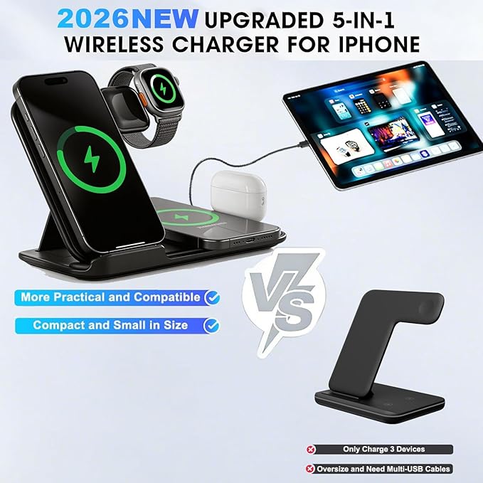 5 in 1 Wireless Charging Station for Multiple Devices Premium Fast Charging Stand for Apple Samsung Android Dual Phone Dock with USB Port for Desk Nightstand