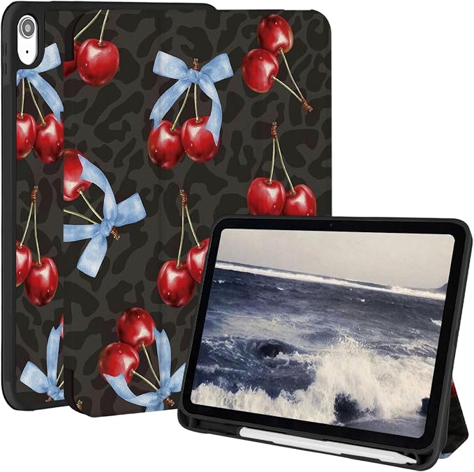 Case for iPad 9th/ 8th/ 7th Generation Case 10.2&amp10.5 Inch (2021/2020/2019 Release) Slim Lightweight Soft Trifold Back Cover with Pencil Holder &amp Auto Sleep/Wake Cover Cherries Cheetah Bows