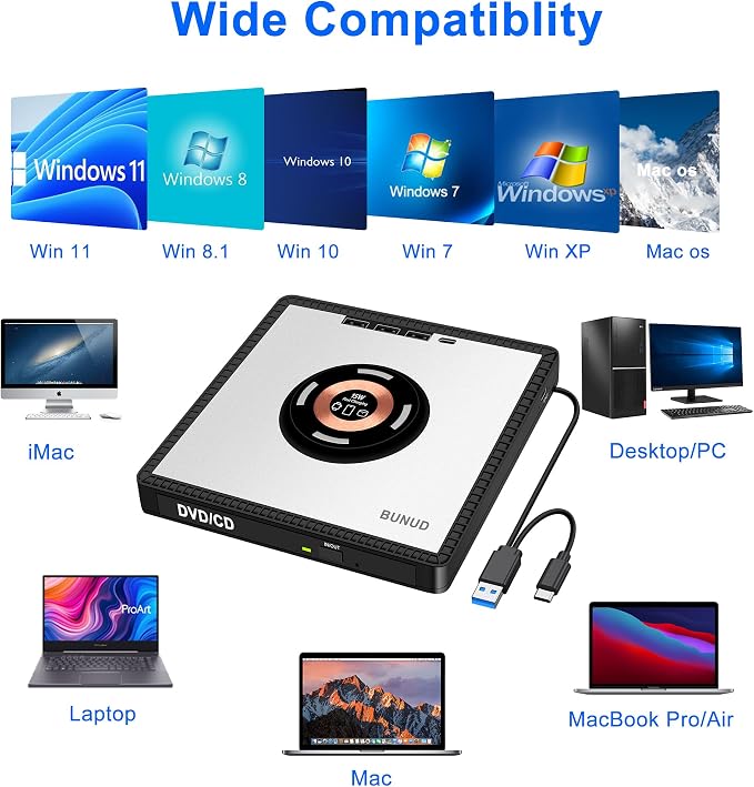 BUNUD External DVD Drive with Wireless-Charger: USB CD Burner &amp 15W Fast Charging for iPhone 17 16 15 14 13 12 Series - External DVD Player for Laptop Mac Apple Windows with SD/TF/3 USB Ports