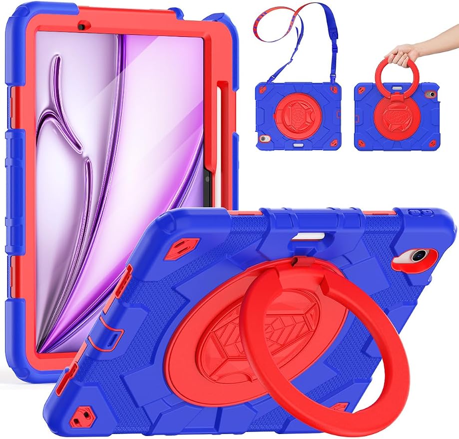 SCSVPN Kids Case for iPad Air 11 Inch M4 2026 / M3 2025 / M2 2024 Heavy Duty Shockproof Silicone Protective Case with Pencil Holder-Screen Protector-Rotating Stand-Handle-Shoulder Strap (Blue+Red)