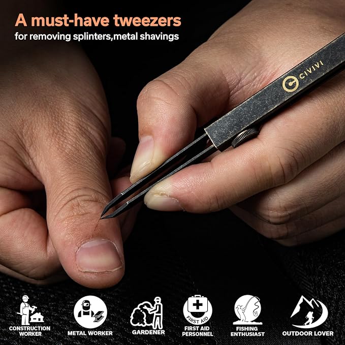 CIVIVI Precision Tweezers for Splinters, Retractable Keychain Tweezers for Men Women EDC Carry, Tac-N-Tweeze Tweezers with Leather Sheath Designed By Bob Terzuola C19062B-A
